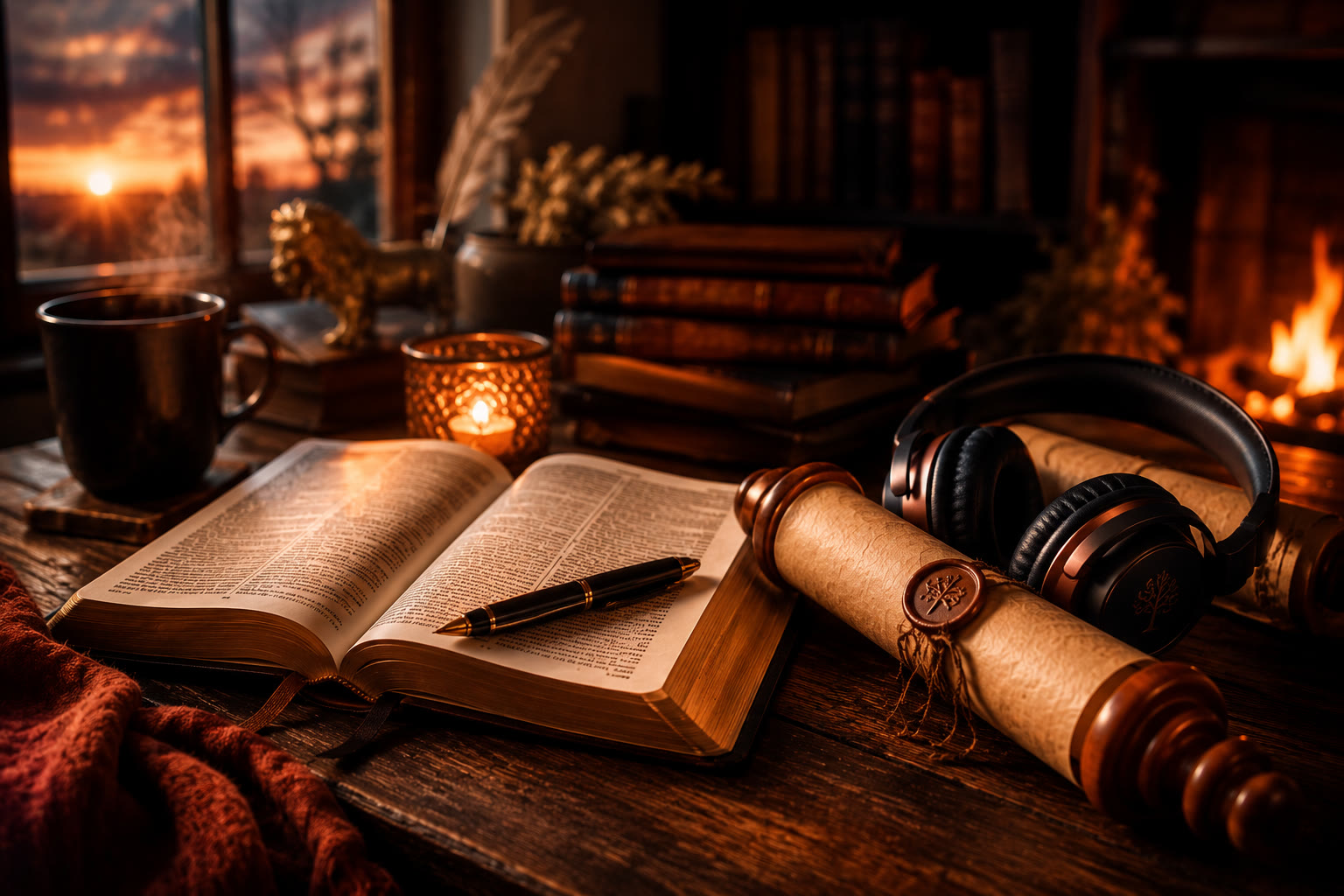 An open Bible with a pen, a sealed scroll, headphones, and candlelight on a wooden desk before a fire and a sunset window